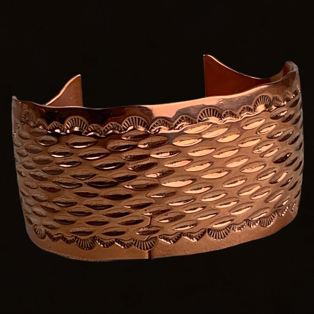 Vintage Hand Tooled & Stamped Hammered Copper Wide Cuff Bracelet South Western